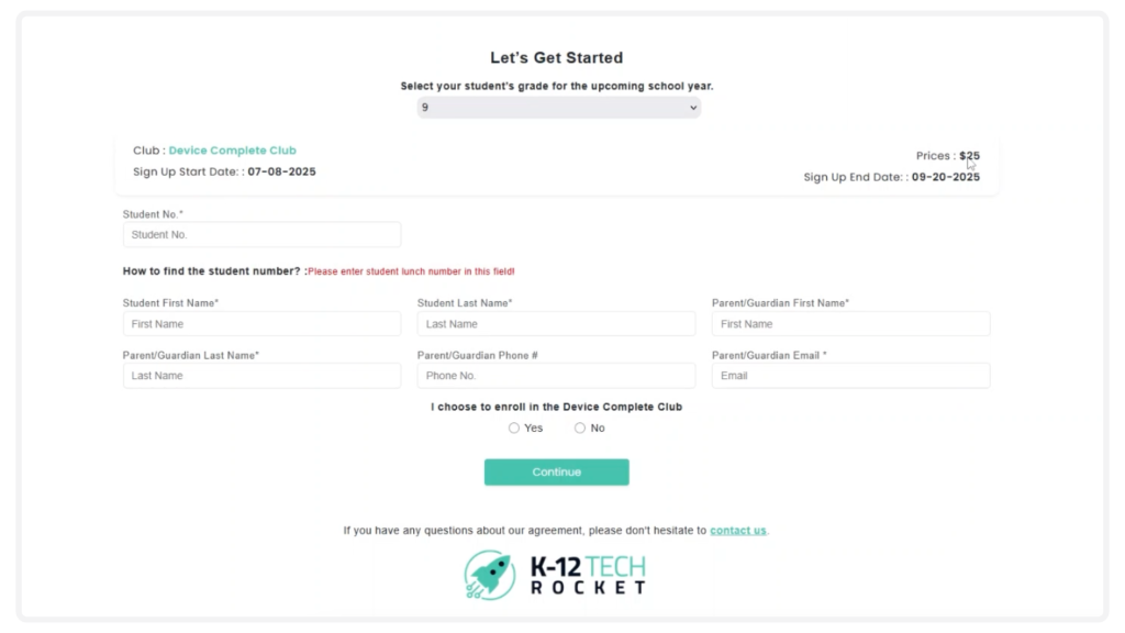 Device Complete Club by K-12 sign-up screen