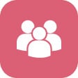 White icon of three people grouped together on a pink square background.
